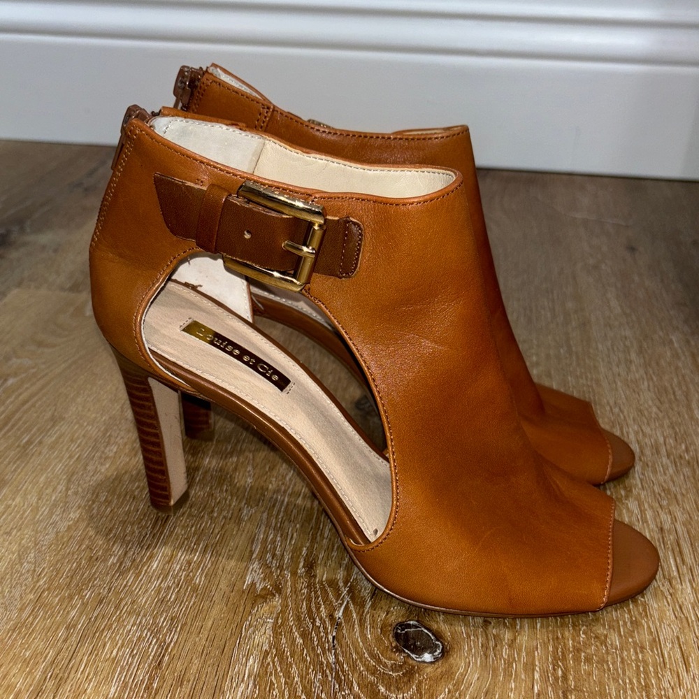 Peep-Toe Ankle Booties with Buckle - Tan